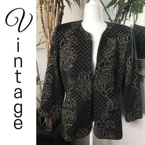 VTG 80s 90s Black Metallic Gold Floral Knit Jacket